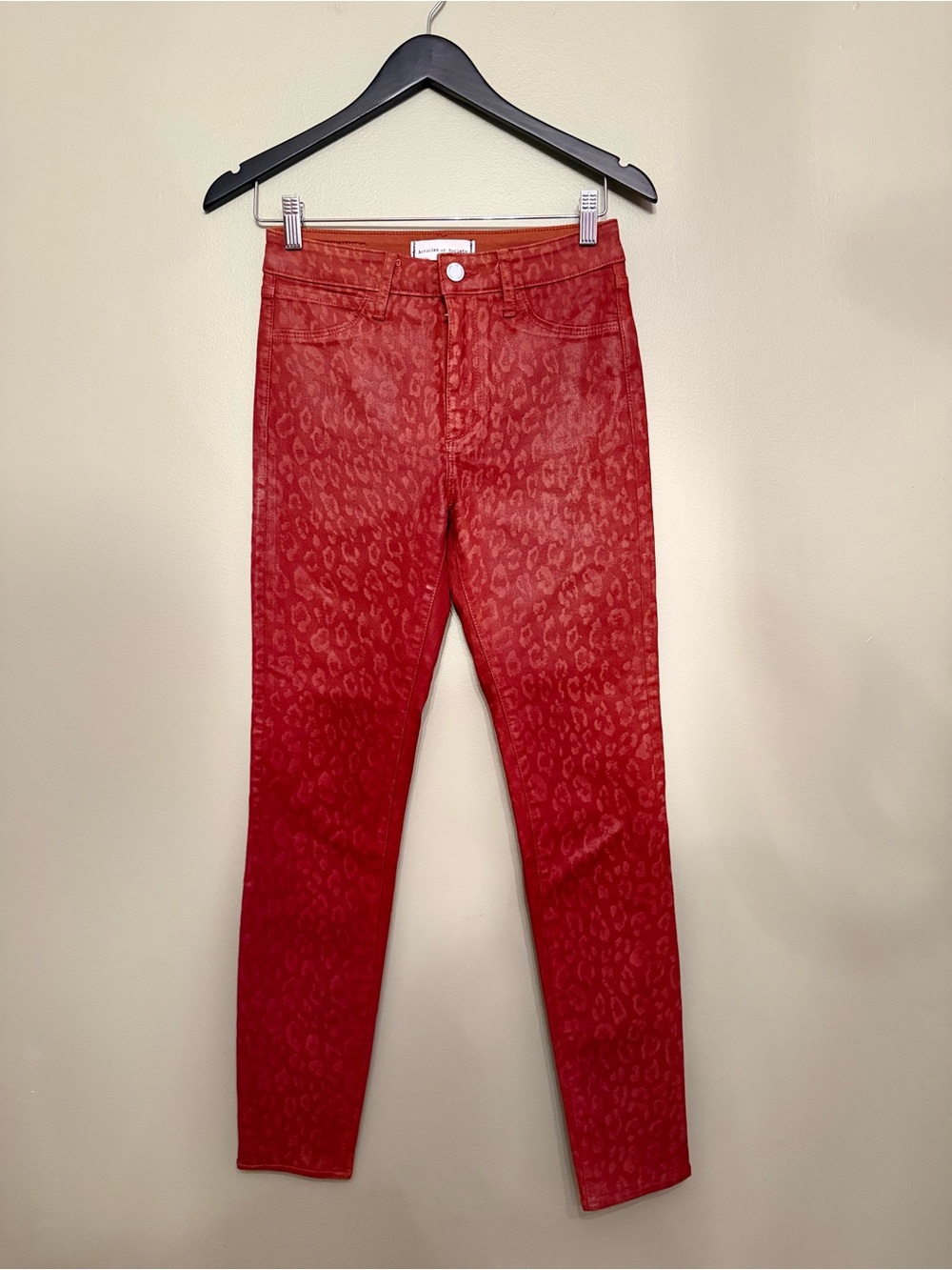 Articles of Society Hilary High Rise Leopard Coated Skinny Jeans Carnation Red